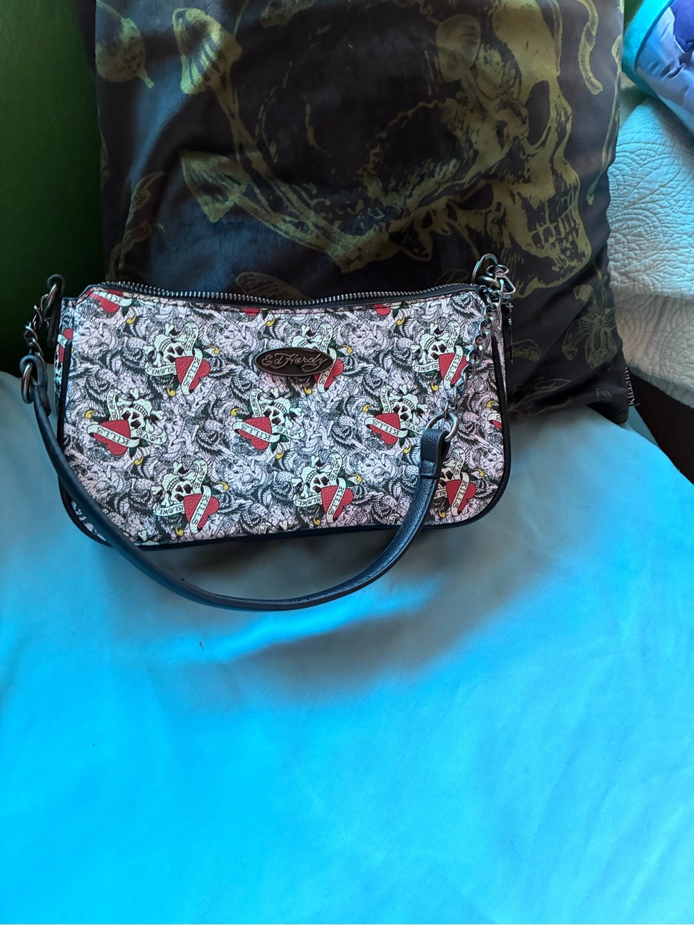 Ed Hardy Pink & Black Shoulder Bag W/ Skull & Crossbones “Love Kills Slowly”